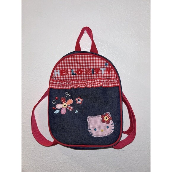 RARE Sanrio Hello Kitty 2008 denim and gingham mini backpack Women’s Kid 8x10” - Picture 1 of 6